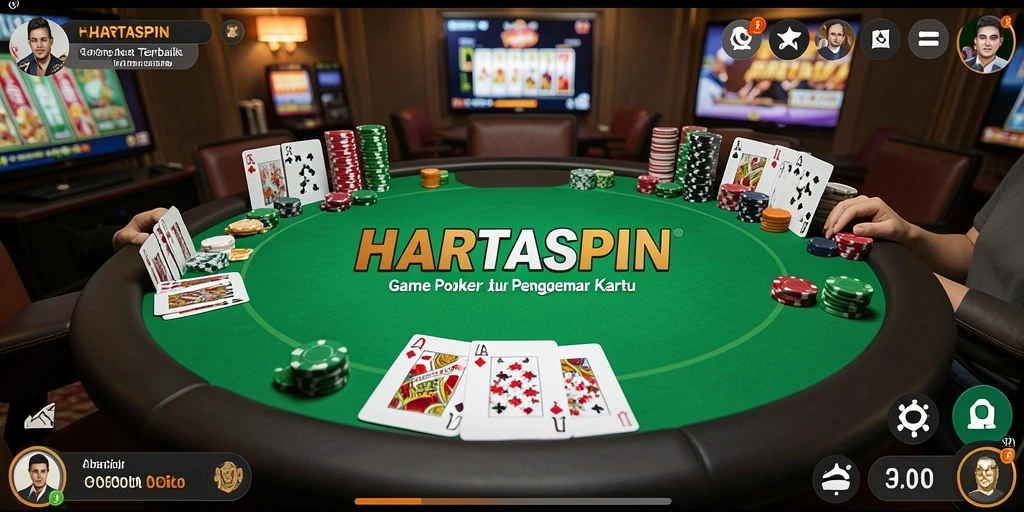 Screenshot HARTASPIN menunjukkan gameplay Poker yang mendebarkan dan interaktif.