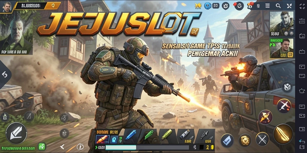Screenshot permainan JEJUSLOT menampilkan aksi tembak-menembak yang intens.