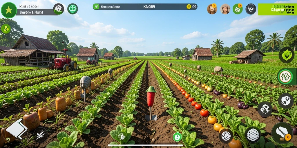 Screenshot gameplay KNO89 menampilkan pertanian yang indah dan aktivitas berkebun.