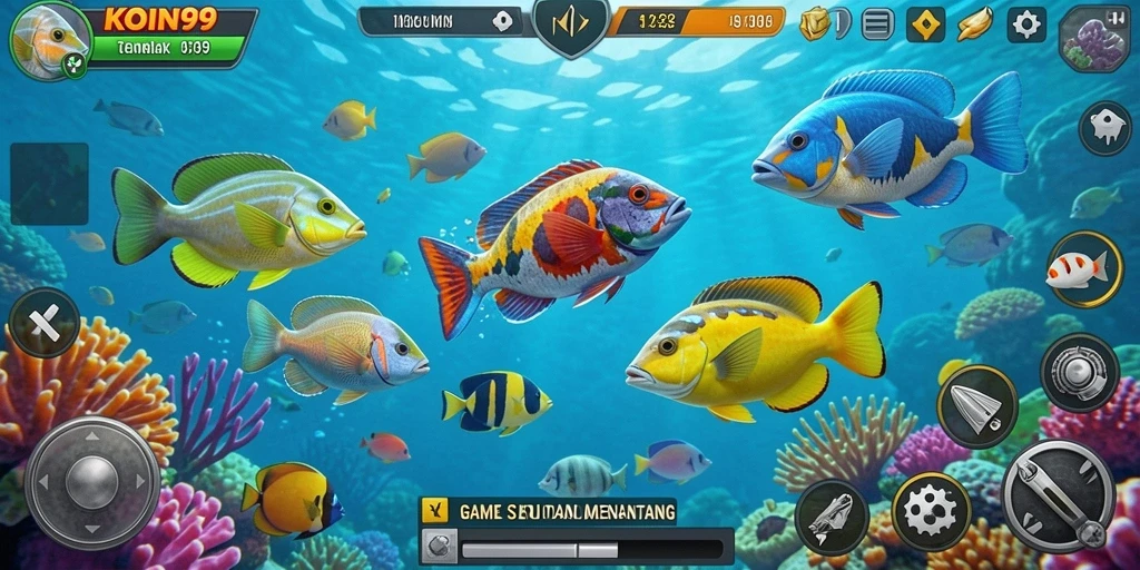 Screenshot gameplay KOIN99 menampilkan suasana seru menangkap ikan.