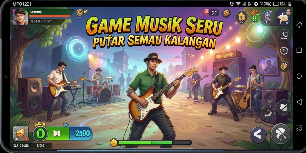 Tampilan gameplay seru di aplikasi MPO1221 dengan lagu-lagu favorit.