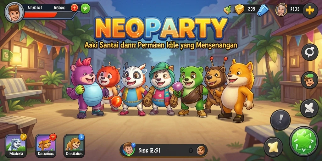 Tampilan gameplay seru di NEOPARTY dengan karakter dan item menarik.