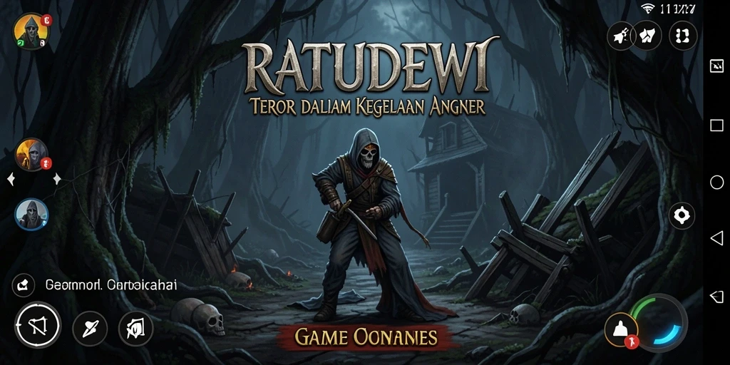 Tangkapan layar utama dari gameplay RATUDEWI menampilkan suasana horor yang mendalam.