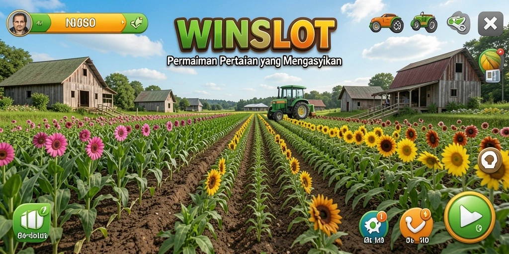 Tampilan gameplay <strong>WINSLOT</strong> yang menampilkan lahan pertanian yang subur dan berwarna.